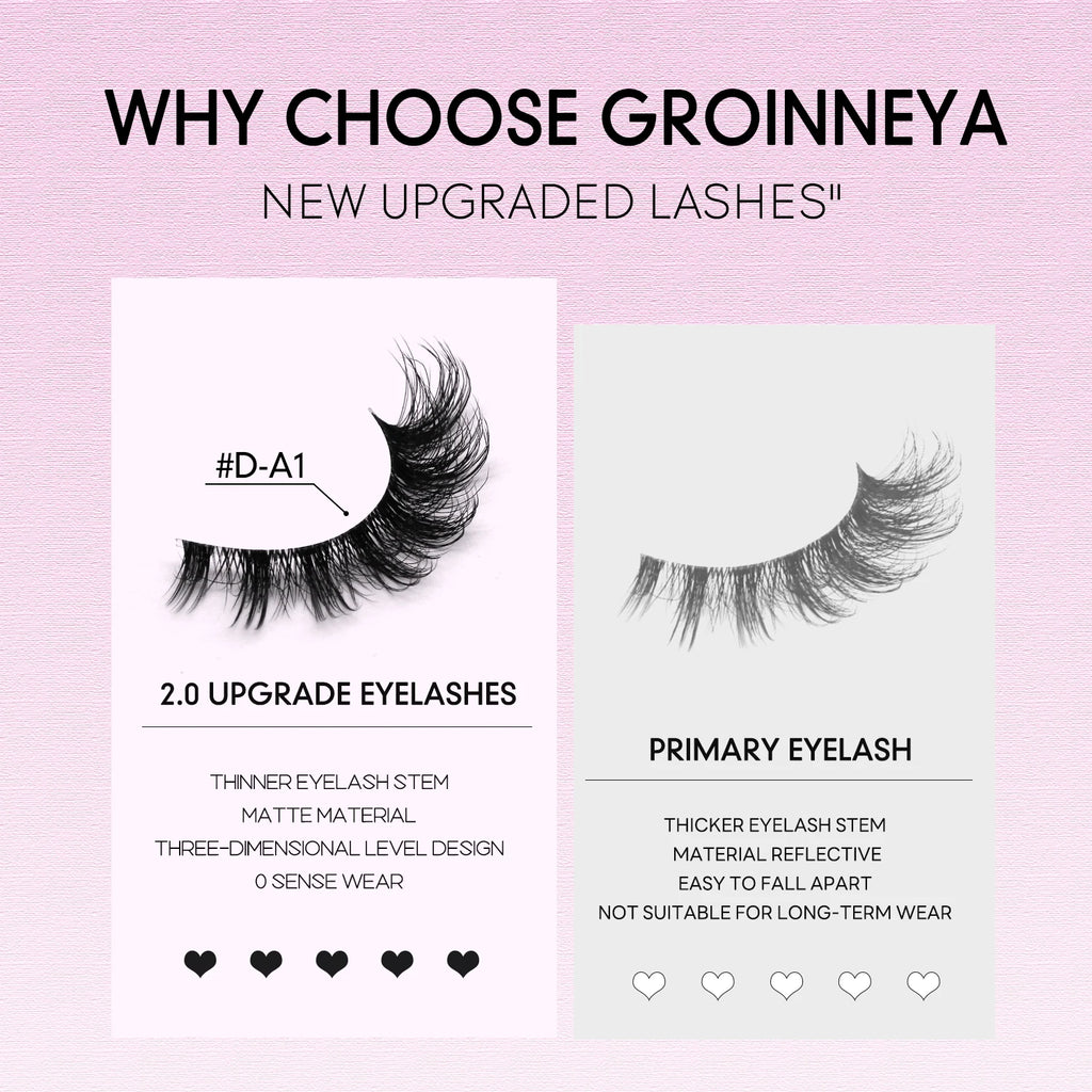 GROINNEYA False Lashes Cat Lashes Fluffy 3D Mink Lashes Wispy Volume Natural Lightweight Invisible Band Reusable Fake Lashes