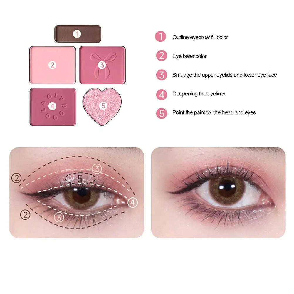 5-Color Love Eye Shadow Palette With Blush & Highlighter - Natural, Long-Lasting Shine Wome Makeup