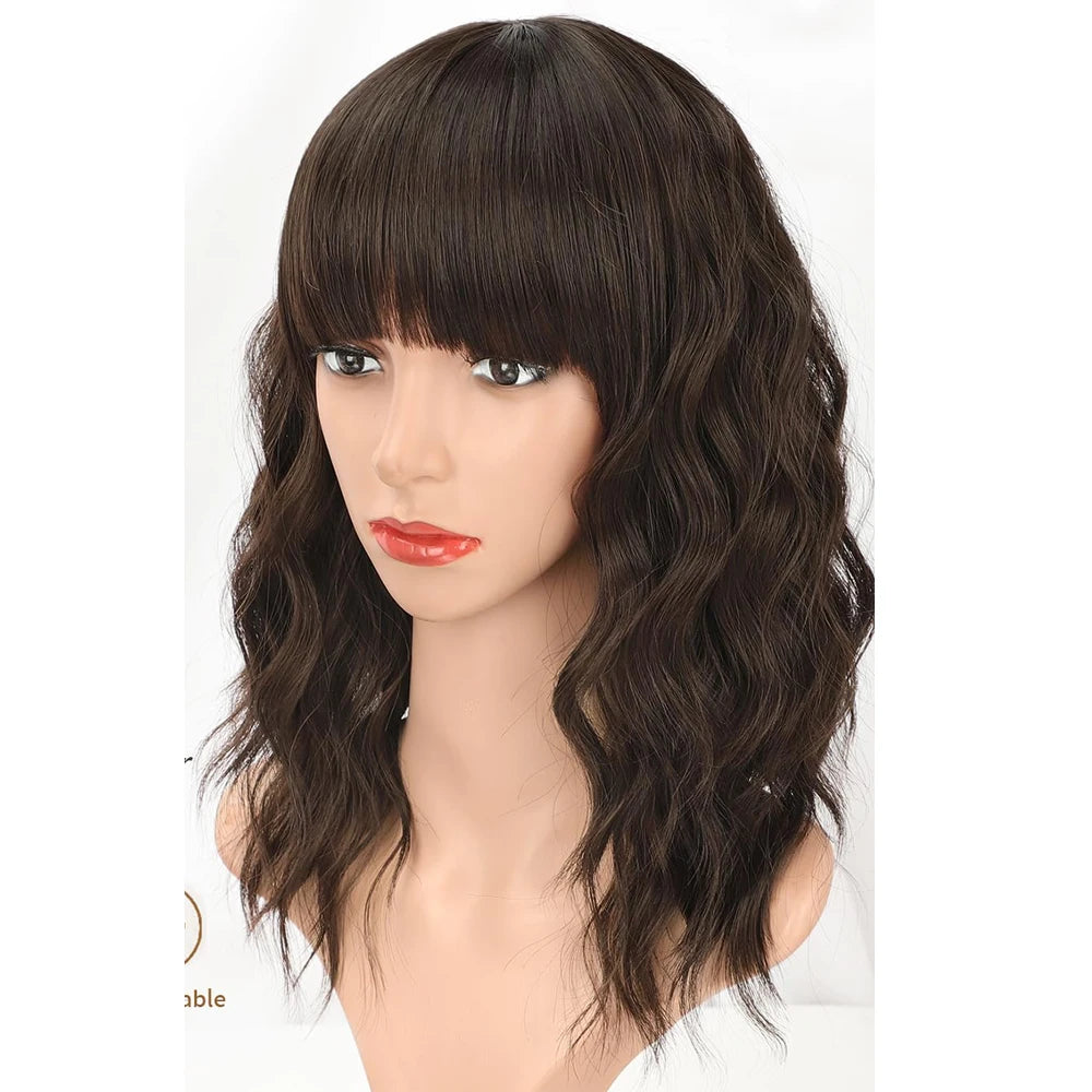 HAIR Natural Brown Synthetic Curly Wavy Bob Wig with Bangs for Women